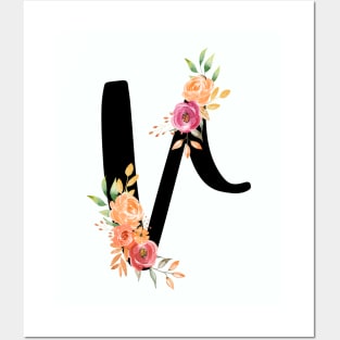 Letter V With Watercolor Floral Wreath Posters and Art